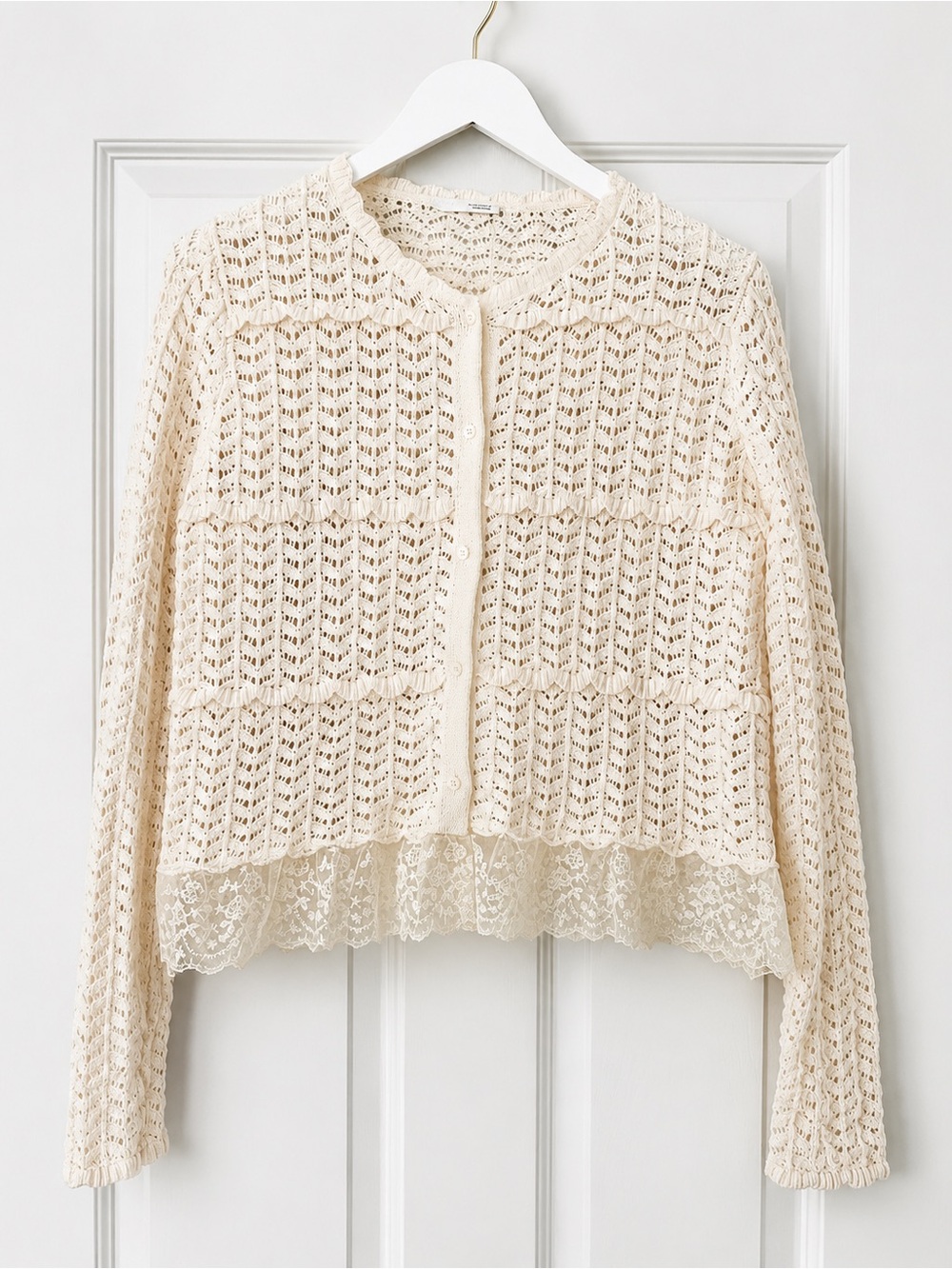 Zara Cream Open-Knit Lace-Trim Cardigan Large cover up